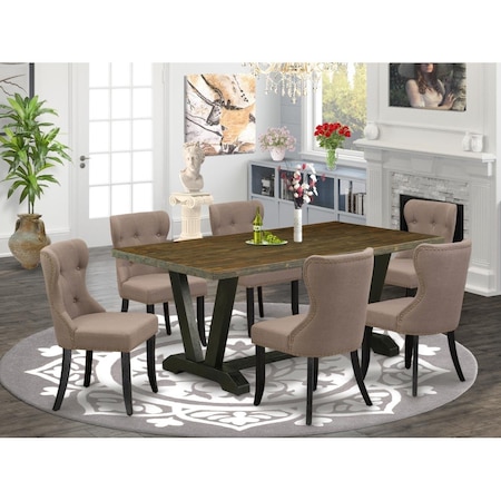 East West Furniture 7 Piece V-Style Kitchen Dining Set - Wire Brushed Black V677SI648-7